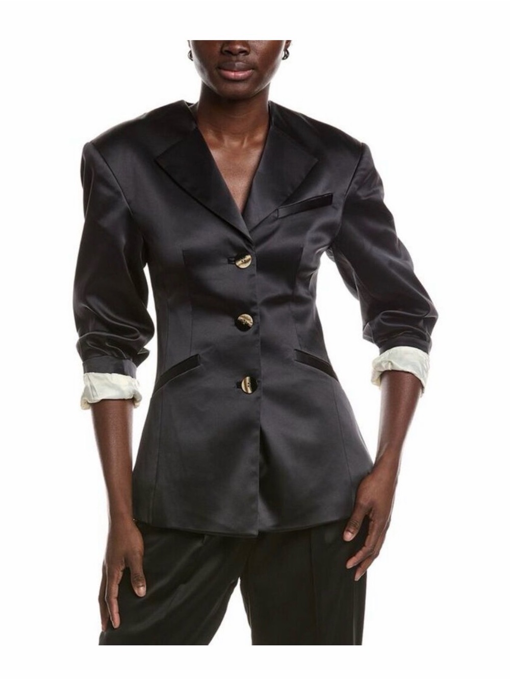 Ganni Black Satin Tailored Blazer with Gold Buttons